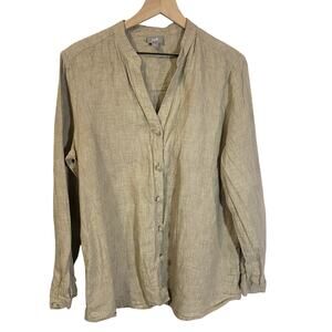 J. Jill 100% Linen Woven Long Sleeve Button Up Shirt Blouse Collarless Tan Sz L